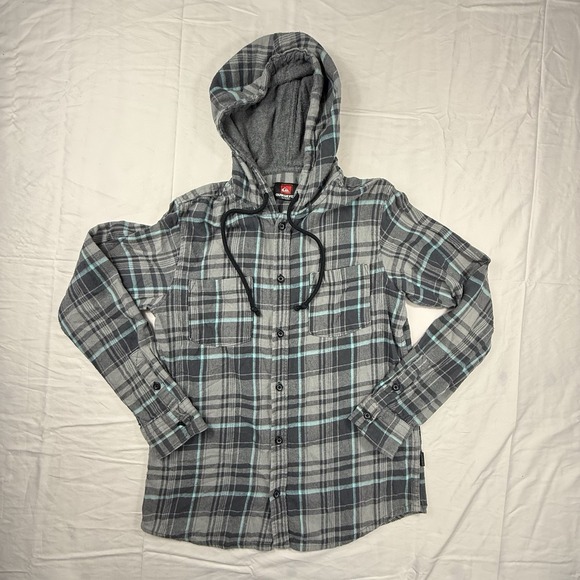 Quicksilver Mens Hooded Flannel Shirt Jacket Sz M Gray Plaid Button Up Pockets - Picture 1 of 8